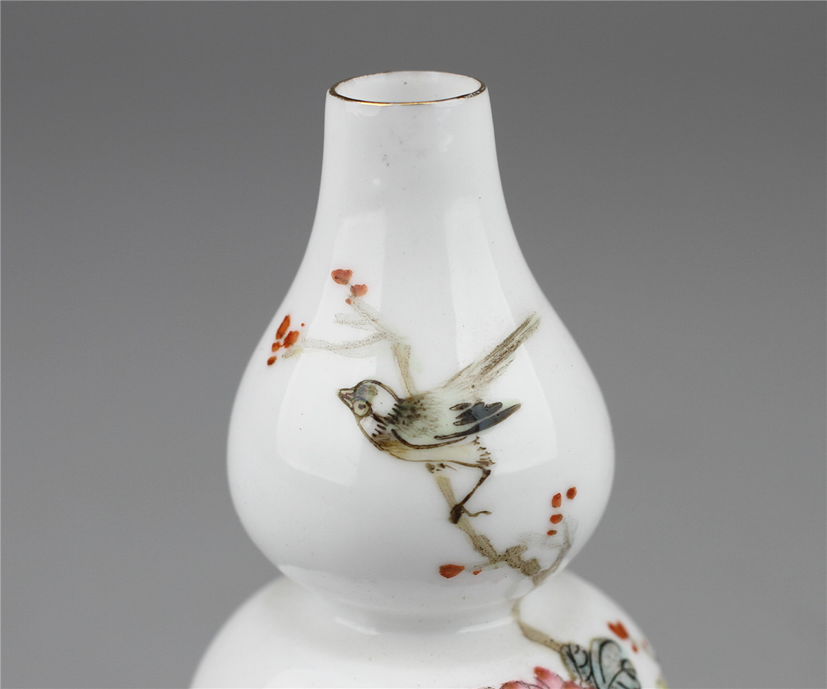 ろ0021i 【民国粉彩】 景徳鎮製 粉彩花鳥文瓢箪小花瓶／状態いい美品