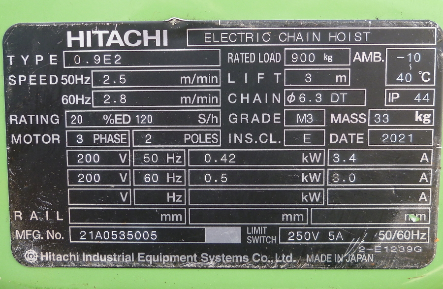 即日発送 日立 電気チェーンブロック 0.9E2 モートルブロック ジャンク