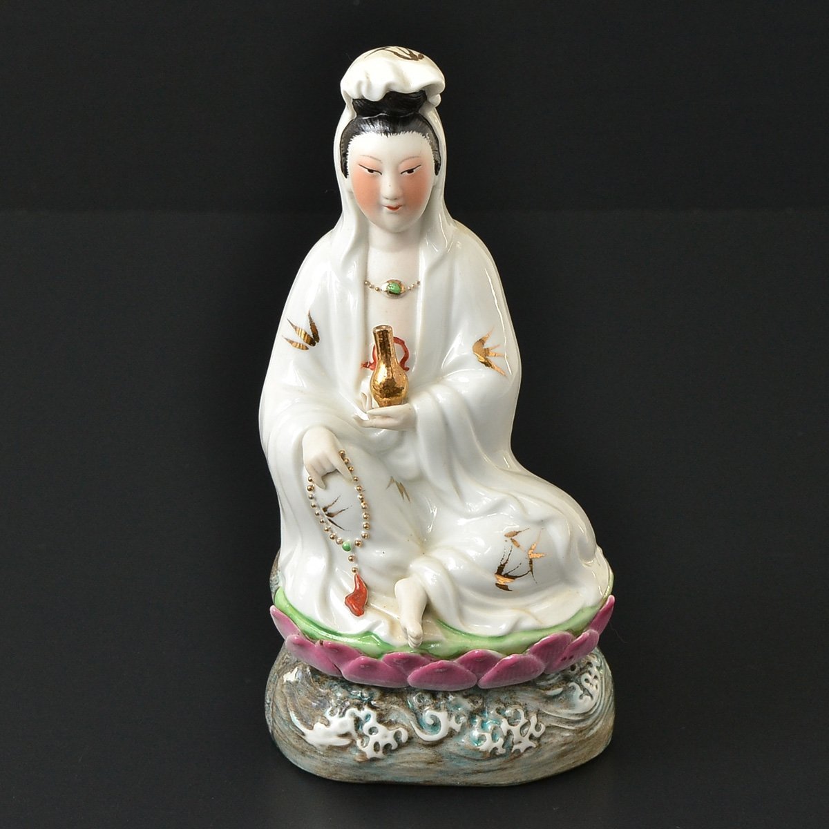 0 白磁加彩描金 観音菩薩 坐像 色絵 彫塑瓷廠 徳化窯 |