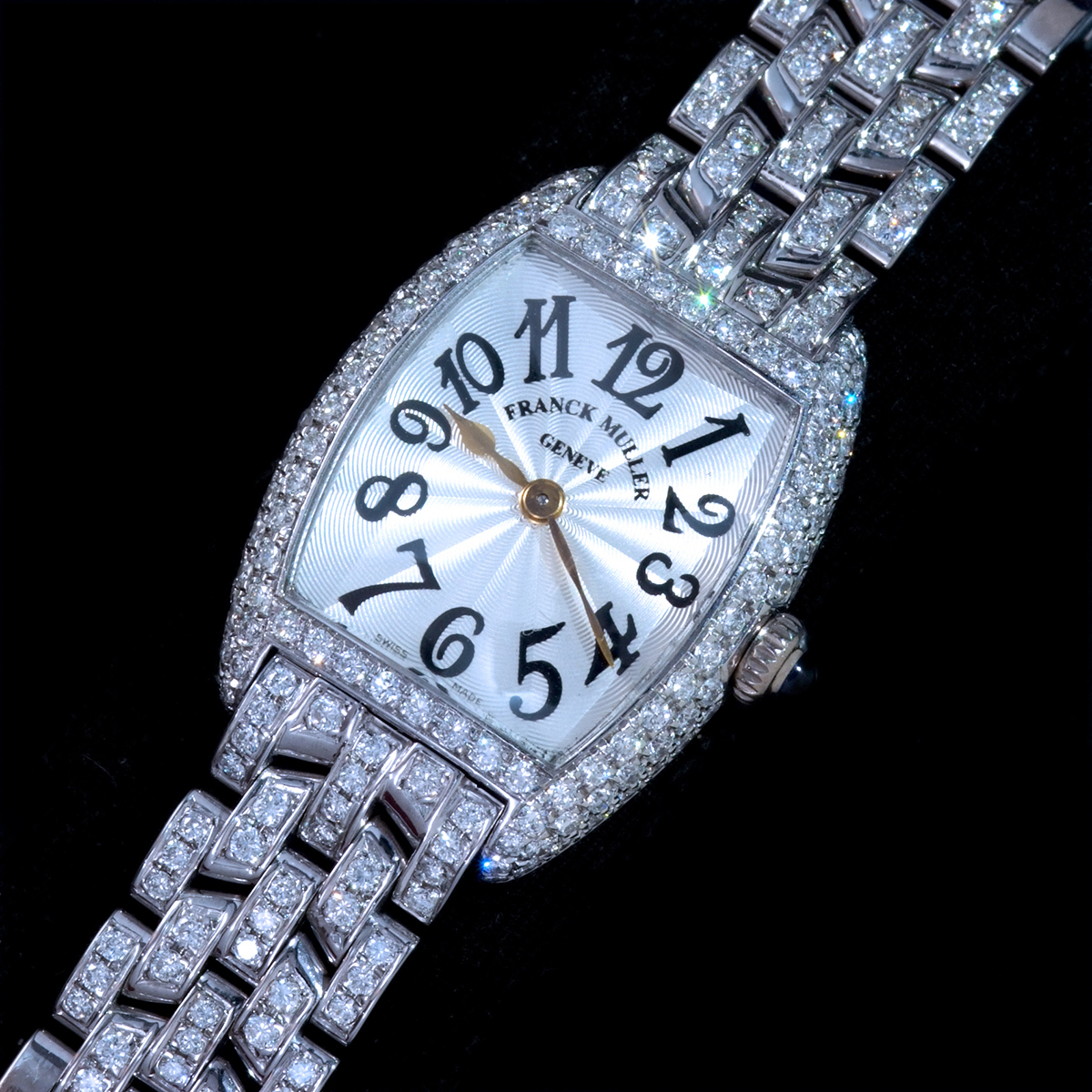 F1028【FRANCK MULLER】フランクミュラー 天然絶品アフターダイヤ 最高級18金WG無垢レディQZ 腕周り14.5cm 重量77.88g ケース幅21.8mm