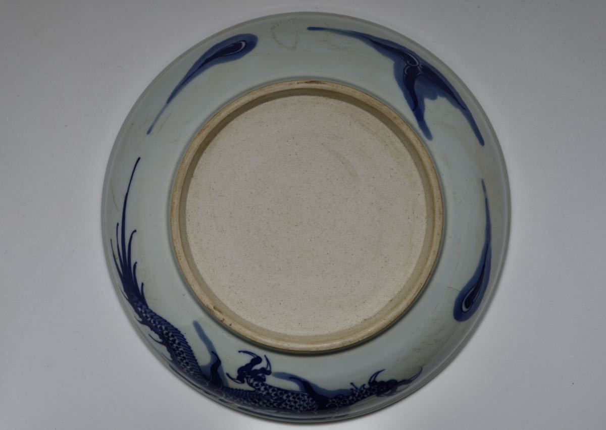 中国美術 時代物 唐物染付 清朝期 染付 龍文皿 (検 南京染付 古染付