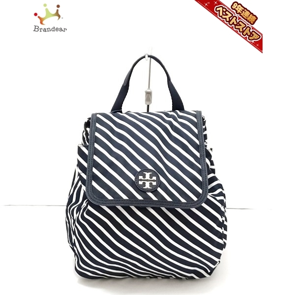 Tory Burch ストライプ ナイロン リュック トリーバーチ TORY BURCH リュックサック - ナイロン×レザー 白×ダーク