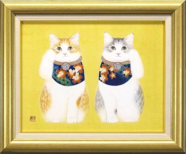 原画　久野千恵美「招き猫」日本画 〇招き猫の画家　2セット 真作】【WISH】久野千恵美「招き猫」日本画 6号 金泥・銀泥仕様 共