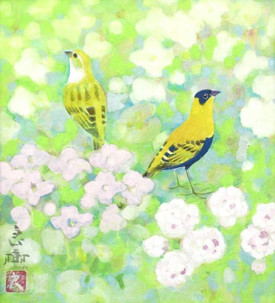野々内良樹　駒鳥(コマドリ) 真作】【WISH】野々内良樹 日本画 花鳥図 〇日展会員 師:西山英雄 父