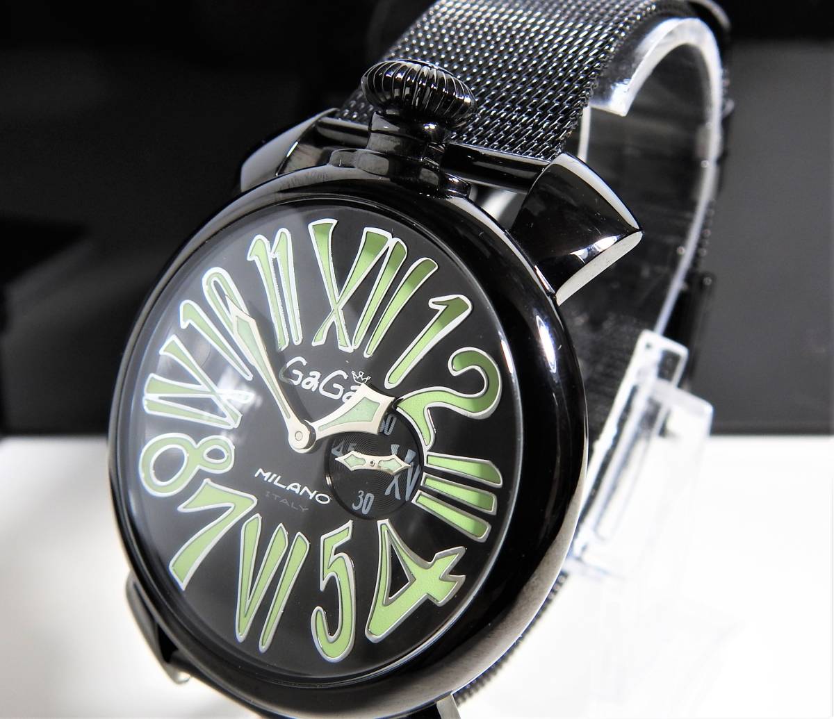ガガミラノ マヌアーレ スリム 46mm ブラックPVD ライトグリーン 美 