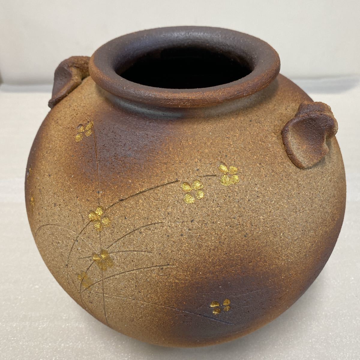 未使用 信楽焼 花瓶 「火色金彩」紫峯作 木箱あり 壺 陶芸 信楽窯 花器 