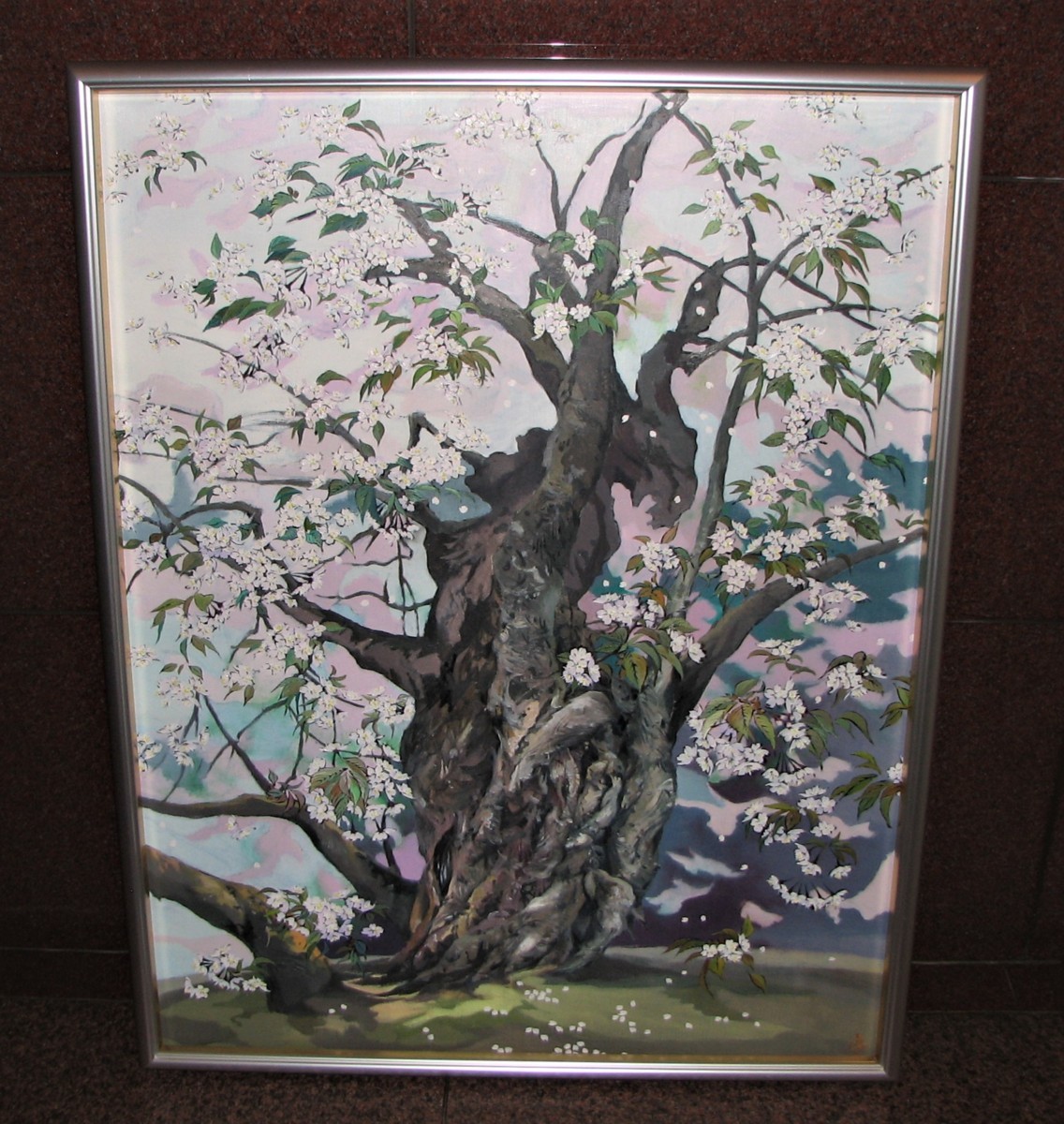 さくらの女流大家,川島眞佐「緋桜」変形6号油彩,幽玄妖艶な夜桜 さくらの女流大家,川島眞佐「緋桜」変形6号油彩,幽玄妖艶な