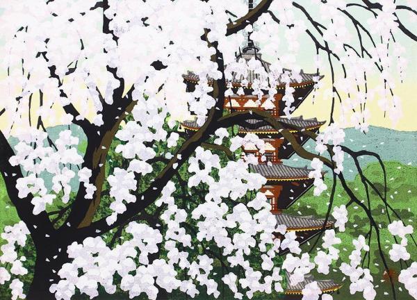 井堂雅夫 真作 - 醍醐の春⁄水連⁄残照⁄雪の山里 木版画 6号大 直筆 WISH