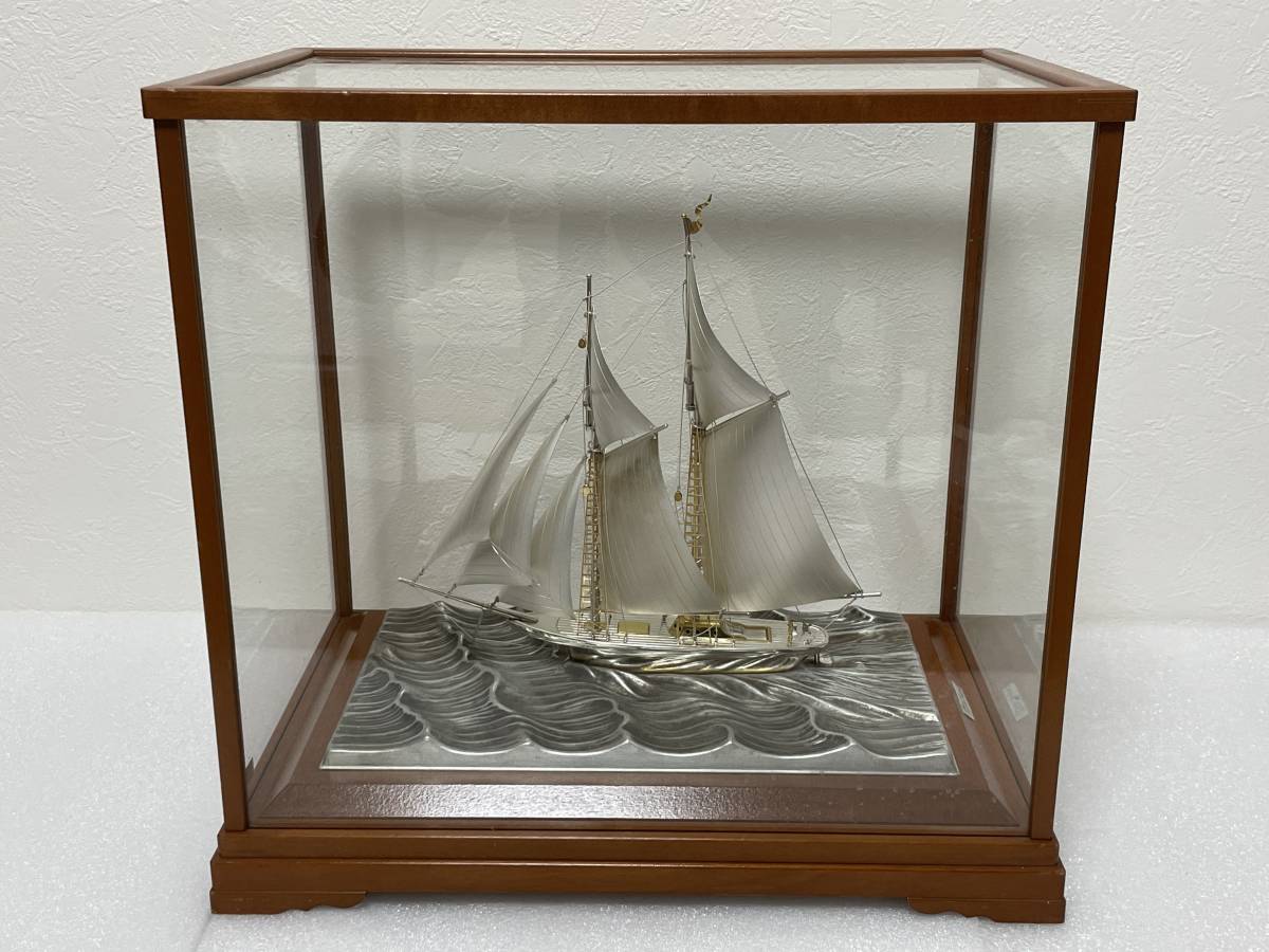 シルバー985 武比古作 ヨット 帆船 彫金細工 栞 在銘品 ガラスケース