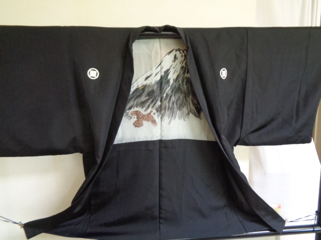 c48-80 正絹 羽織 5つ紋 裏地初夢文 一富士二鷹三茄子 男物 昭和 着物 アンティーク