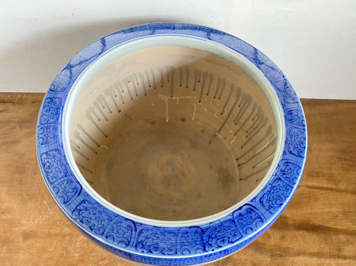 JK809] 染付 たちばな焼 火鉢 手炙り 植木鉢 睡蓮鉢 メダカ鉢 水鉢  