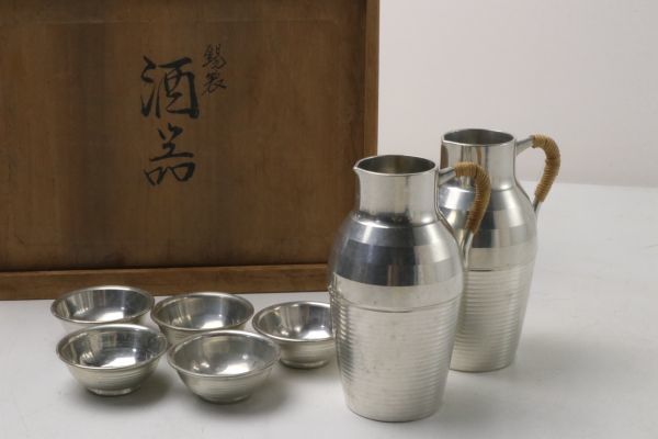 錫製 本錫 錫半 酒器 徳利 二客 御猪口 五客 重さ約420g 金属工芸 工芸