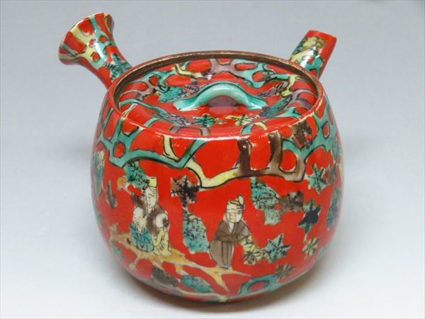 ◇◇九谷焼 木米銘 赤絵 賢人図 茶器揃 急須 湯冷 茶碗(五客) 共箱付