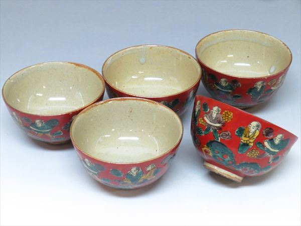 ◇◇九谷焼 木米銘 赤絵 賢人図 茶器揃 急須 湯冷 茶碗(五客) 共箱付
