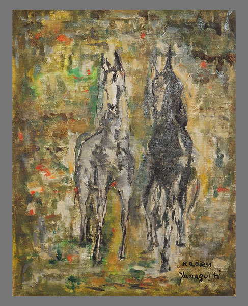 真作】□山口薫□馬図油彩画額□芸大教授□肉筆□額装□動物画□(動物