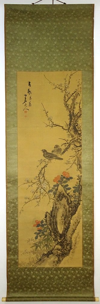 渡辺小華肉筆掛け軸絹本雪中花鳥図 明治14年（1881)描く 掛け軸】 渡辺小華 「叭叭鳥図」 真作 真筆保証 絹本 渡辺崋山の次男