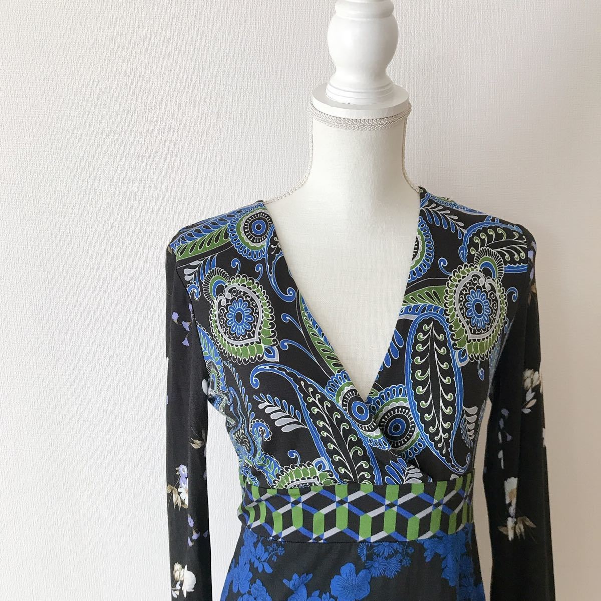 デシグアル 総柄 ストレッチ ジャージワンピース 長袖 カシュクール Desigual ペイズリー