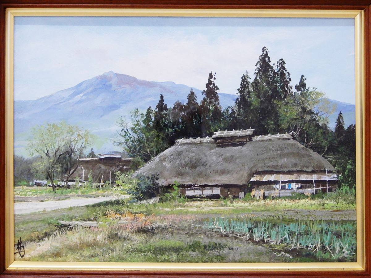 ♯◎肉筆 林喜市郎 磐梯山麓 油彩 風景画 F4号 在銘 額装入り!! 写実画