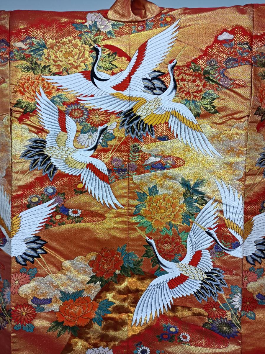 QAZ20039★色打掛　打ち掛け　豪華刺繍　高級西陣織　胡箔紹糸巴　端鶴　牡丹　菊　着物　花嫁　婚礼衣装