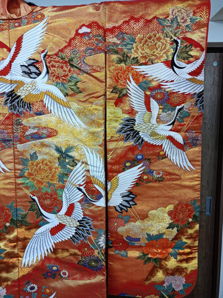 QAZ20039★色打掛　打ち掛け　豪華刺繍　高級西陣織　胡箔紹糸巴　端鶴　牡丹　菊　着物　花嫁　婚礼衣装