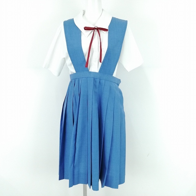 1円 ジャンパースカート 紐タイ 等 ウエスト78 ミッシェルクラン 夏物 女子 学生服 中学 高校 水色 制服 中古 ランクC EY3603