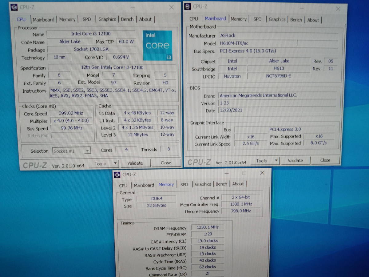 PCパーツセット Intel CPU Core i3 12100 メモリ32GB ASRock Mini-ITX 