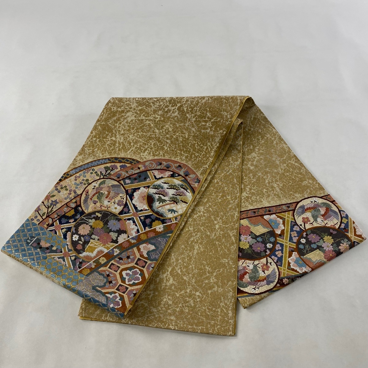 袋帯 美品 秀品 華文 雲文 刺繍 金彩 深緑 お太鼓柄 正絹 【中古