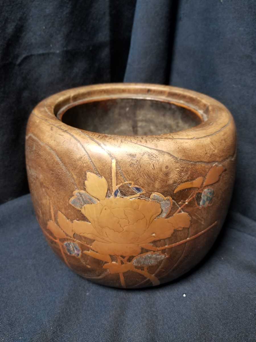 火鉢、アンティーク 木製 蒔絵 螺鈿細工 手あぶり 小火鉢 草花 花柄 木