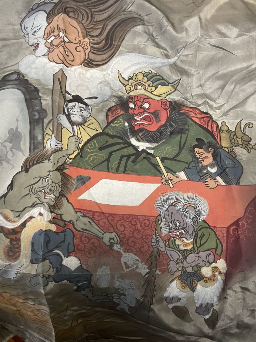 古布 羽二重 絹 羽裏地 面白柄 地獄絵図 閻魔 鬼 妖怪 魑魅魍魎 リメイク素材 柄取り リメイク素材 売買されたオークション情報 Yahooの商品情報をアーカイブ公開 オークファン Aucfan Com