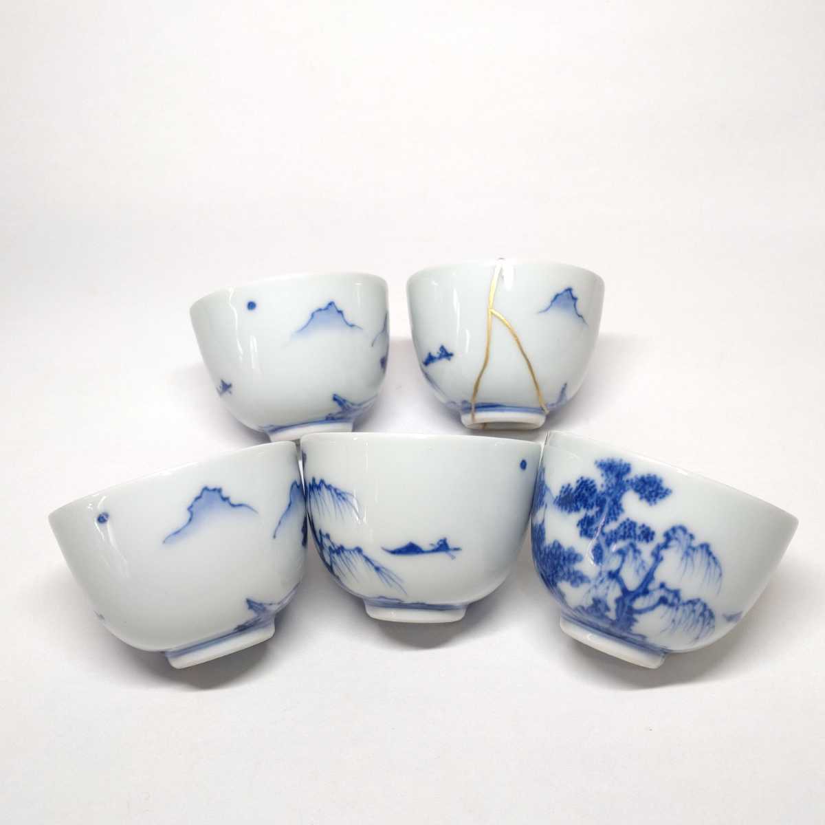 平安 三浦竹泉 青花 山水図 煎茶碗5客 美術品・アンティーク・コレクション