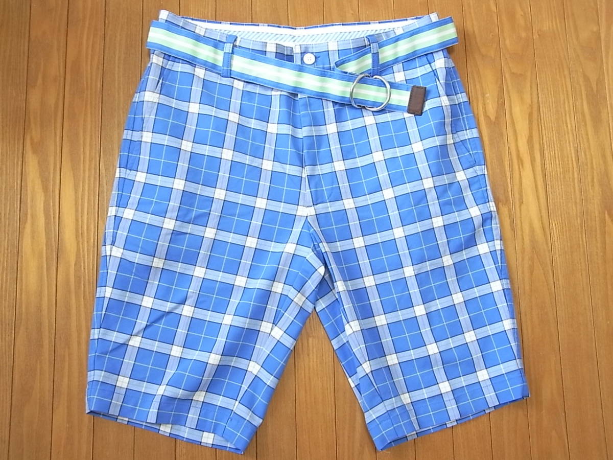 未使用 FJ FootJoy フットジョイ ゴルフパンツ ショートパンツ ストレッチパンツ ハーフパンツ ロゴ チェック柄 W81 メンズ ベルト付き