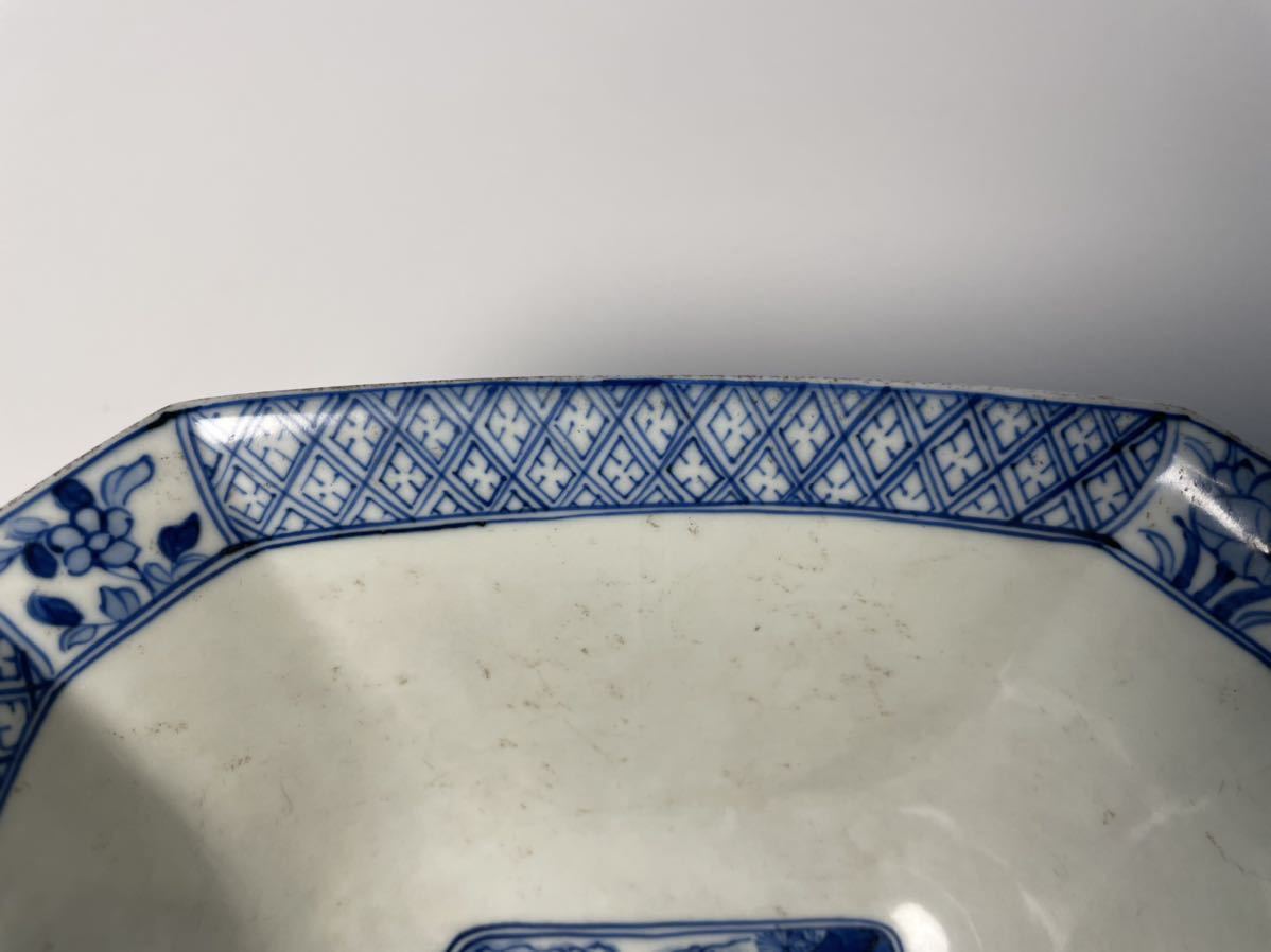 中国古玩 時代物 唐物染付 清朝期 染付 四方 大鉢 菓子鉢 (検 南京染付
