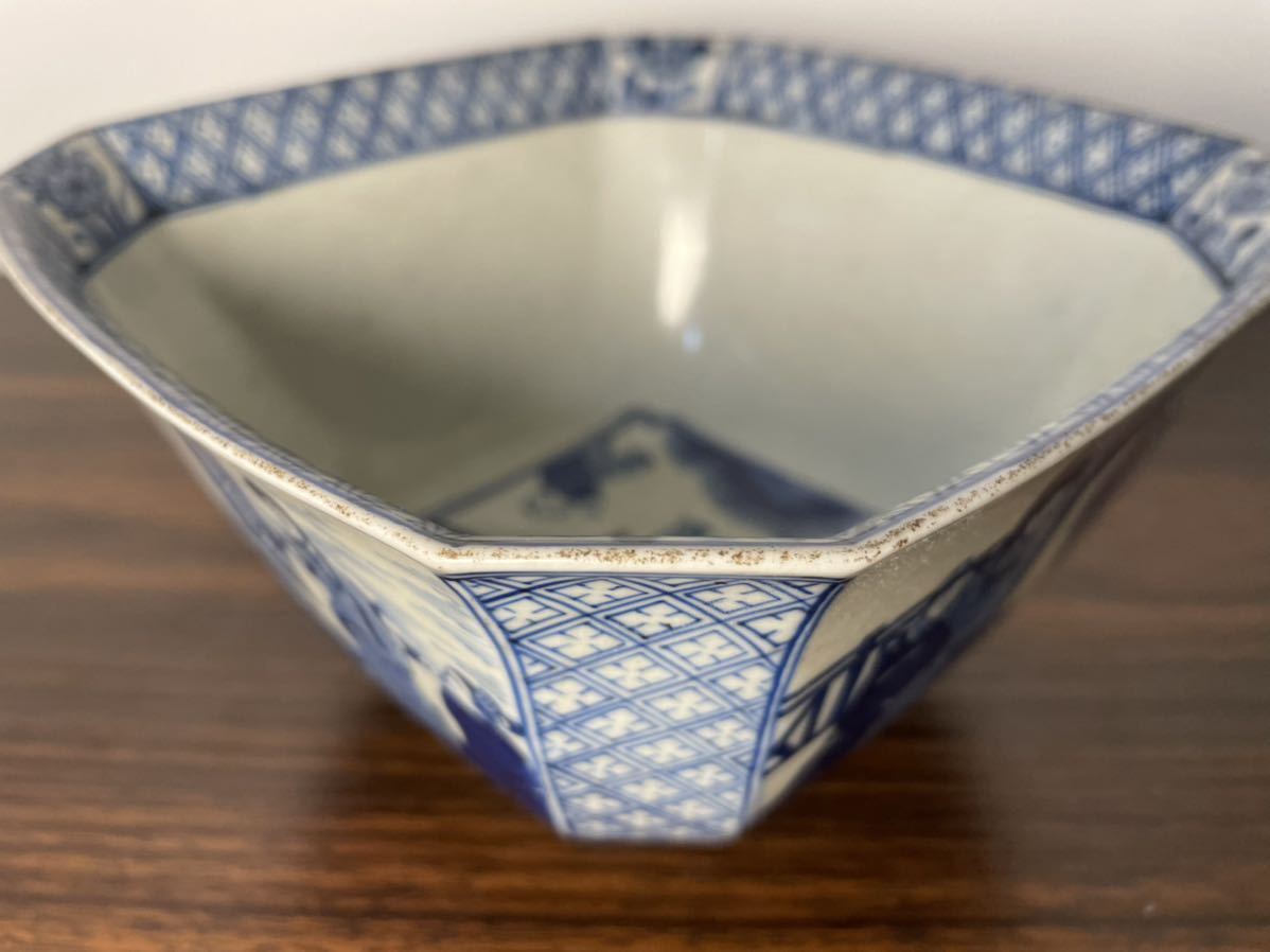 大鉢■古い唐物染付大鉢 菓子器 置物 オブジェ 古玩 唐物 時代物 骨董品■ 中国古玩 時代物 唐物染付 清朝期 染付 四方 大鉢 菓子鉢 (検 南京染付