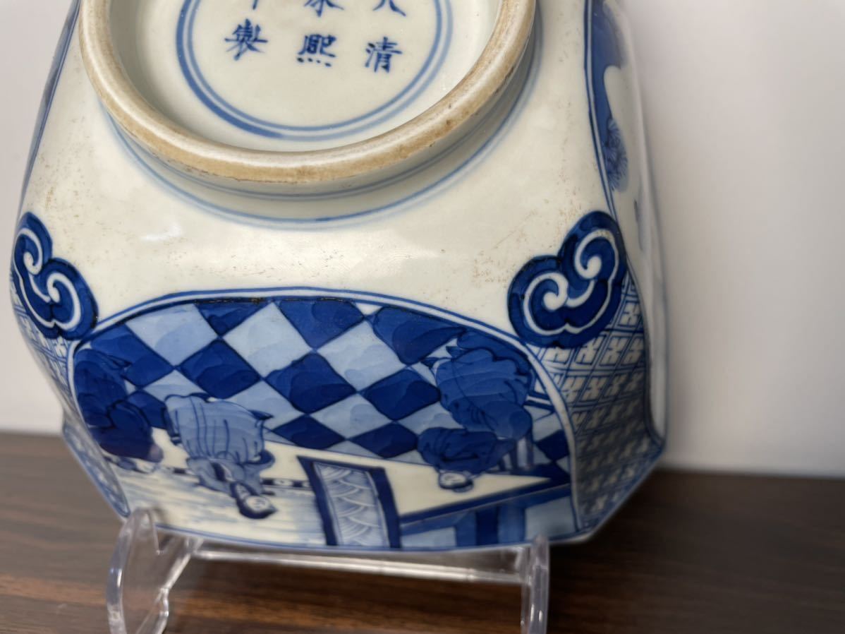 大鉢■古い唐物染付大鉢 菓子器 置物 オブジェ 古玩 唐物 時代物 骨董品■ 中国古玩 時代物 唐物染付 清朝期 染付 四方 大鉢 菓子鉢 (検 南京染付