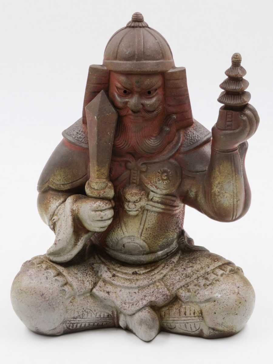 ≪置物≫ 備前 【二代・小西陶古】 『備前焼 毘沙門天像 置物』 高さ約 