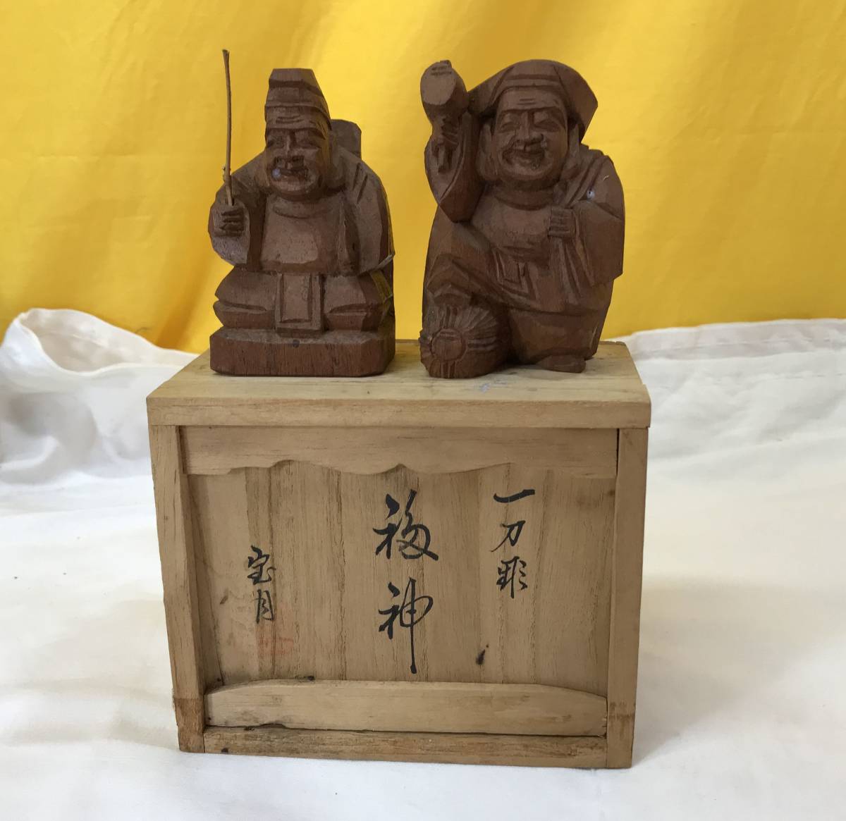 ⁄ 木彫り 木彫 七福神 総高12cm恵比寿大黒 材料 縁起物一刀彫 福の神
