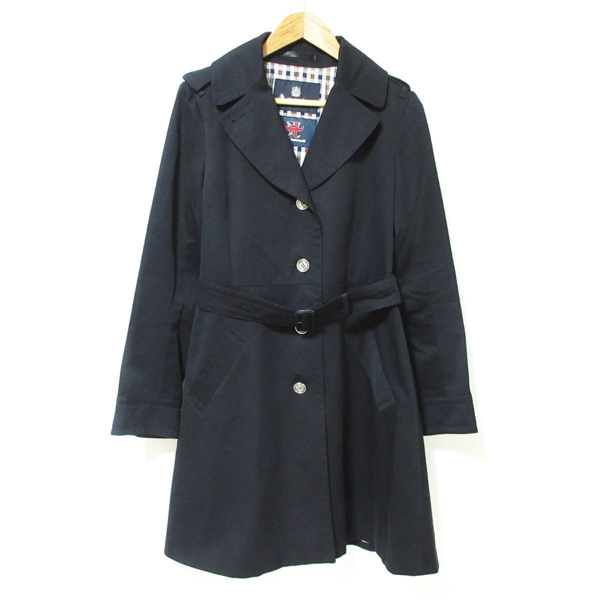 美品 Aquascutum×Ayumi Hamasaki アクアスキュータム×浜崎あゆみ 裏地チェック ベルト付き フレア トレンチコート 12 黒