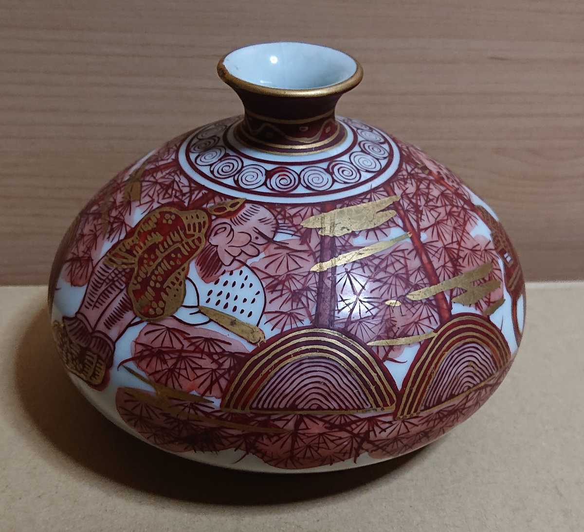 九谷焼 油壺 湖東 赤絵 金彩 人物 一輪挿し アンティーク コレクション 