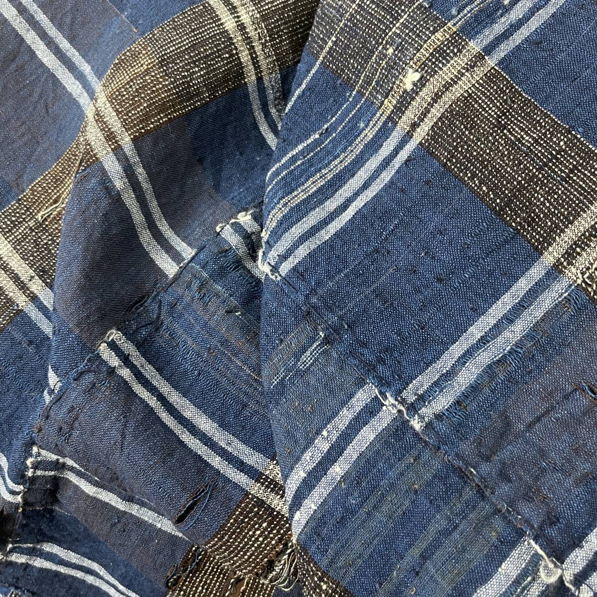 古布　丹波布　木綿　藍染　格子古裂　仕覆 丹波布 木綿古裂 133×144cm 4巾 / 藍染木綿 民藝 襤褸 継ぎ接ぎ 表具裂