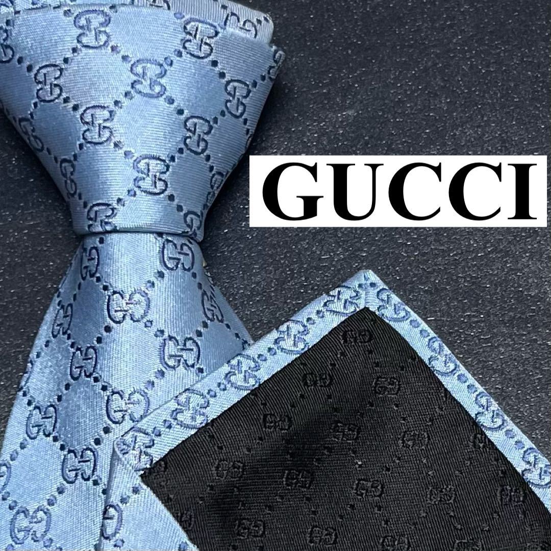 未使用 ネクタイ 現行タグ GUCCI グッチ シルク100% GG柄 GGライン シェリーライン 蜂 bee 刺繍 ジャガード ライトブルー 水 定番 ツヤ