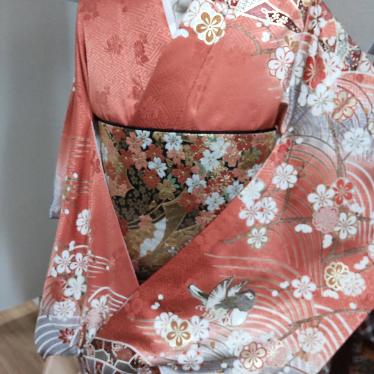 花美人□豪華振袖 枝垂れ桜 舞蝶土車花文 暈し染め 金銀彩 逸品 駒刺繍 