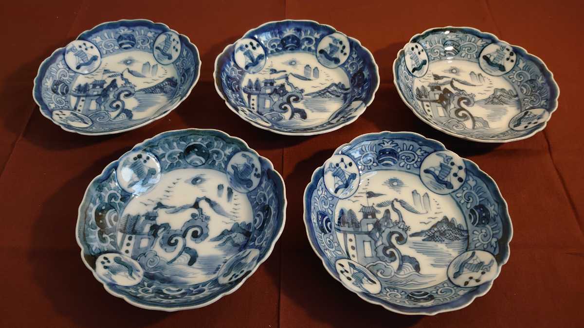 古伊万里 江戸末期～明治 錦手 金彩色絵 膾皿 なます皿 19客 木箱付