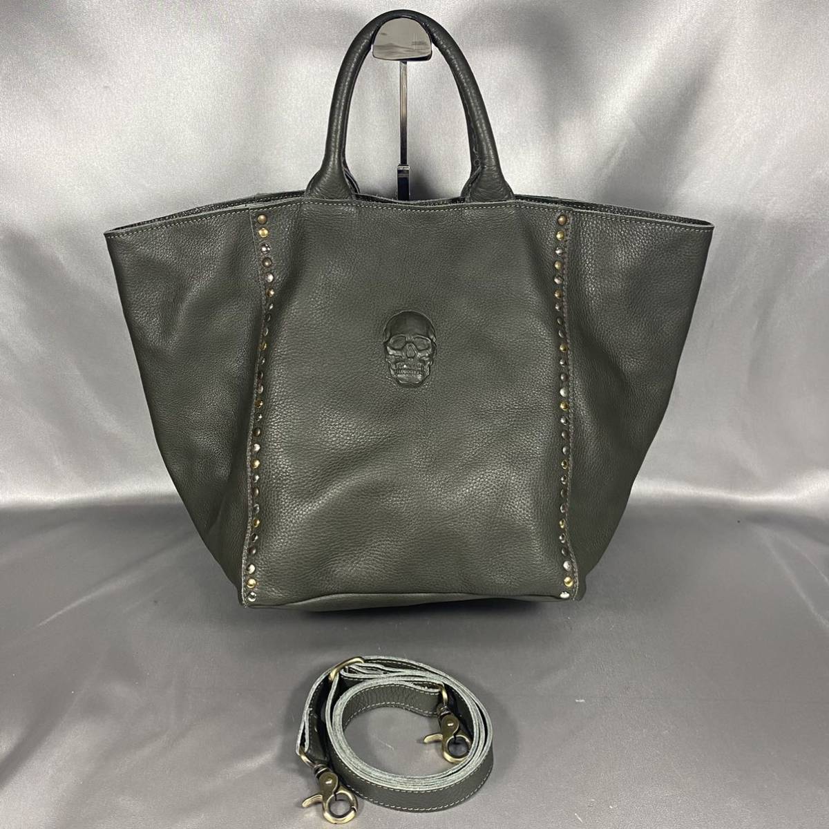 ☆美品☆ 即決 IO pelle スカル 2way トートバッグ レザー グリーン 