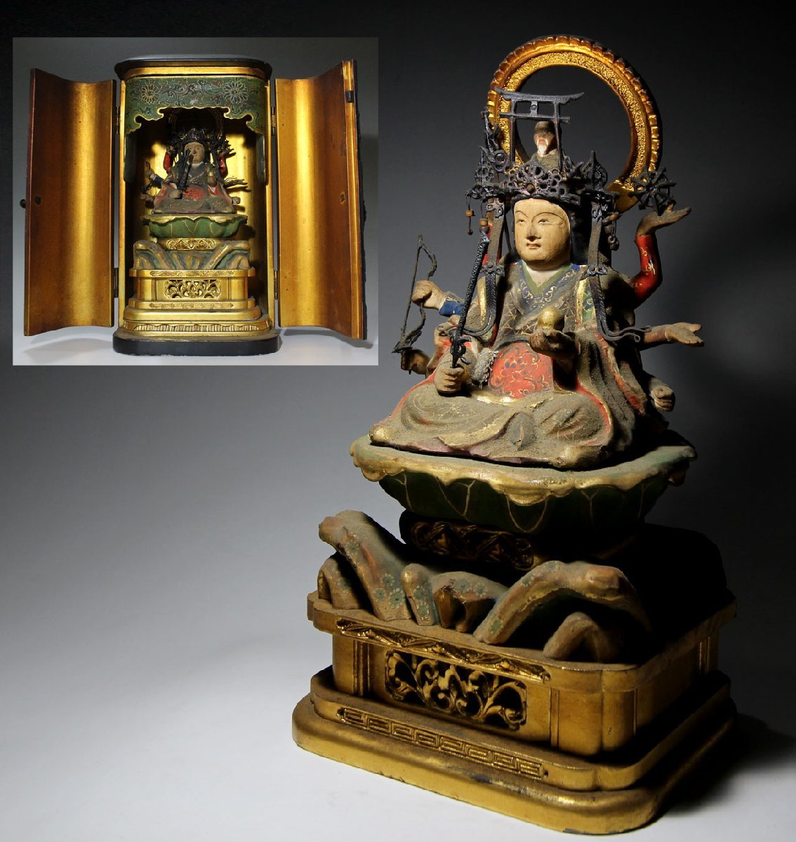 送料無料　江戸後期～明治　木造彩色八臂弁才天坐像・厨子　仏教美術 時代市場□秀作□八臂弁財天坐像 厨子入木造極彩色□仏像・仏教美術