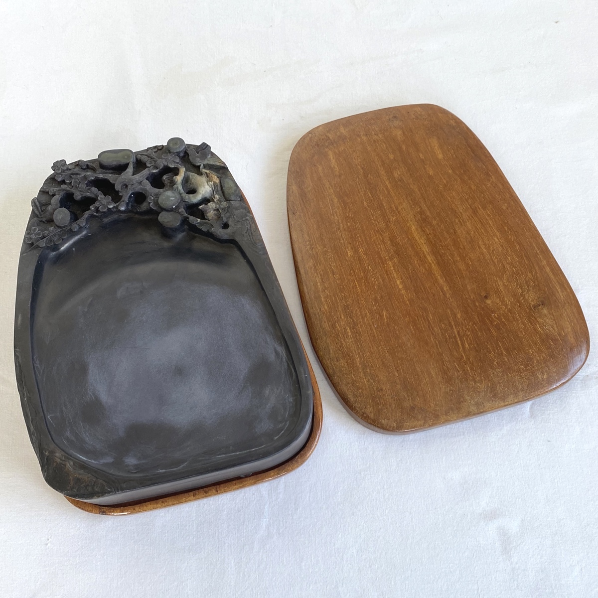 古い 硯 中国硯 広東工芸 梅 鳥 彫 書道具 工芸品 3.6kg : - 彫刻