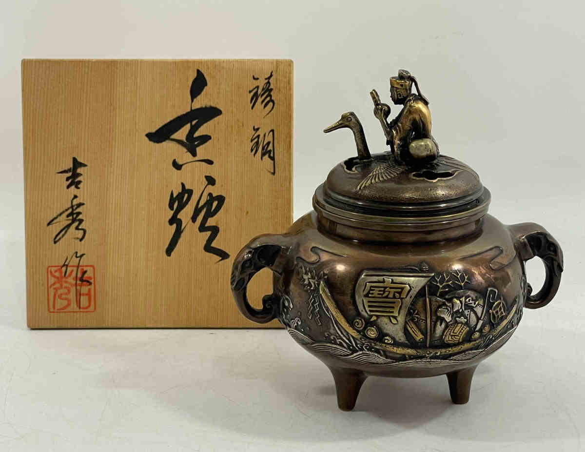 □高岡銅器 吉秀 作 鋳銅 香炉 共箱 象耳 三足香炉 七福神宝船模様 