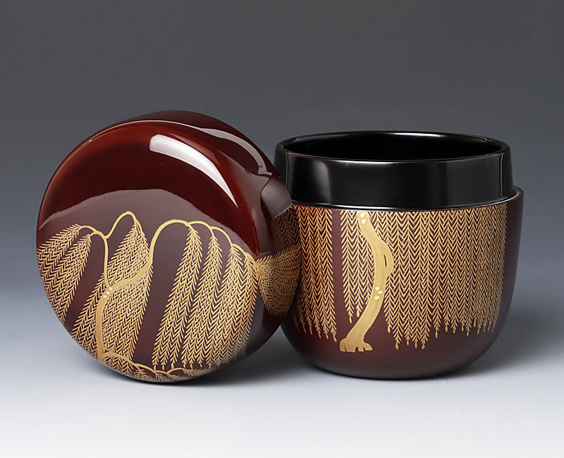 茶道具　棗　中村恭蔵　蒔絵柳 古美味】中村恭蔵(宗恭) 柳蒔絵大棗 茶道具 保証品 t9OM 古美味中村