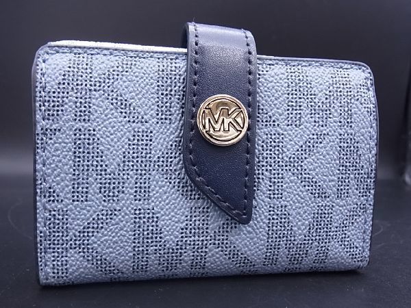 1円 □美品□ MICHAEL KORS マイケルコース PVC×レザー MK柄 二つ折り 