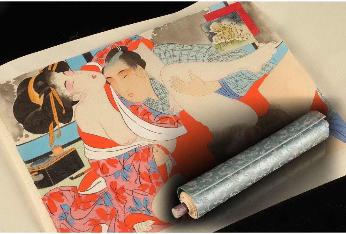 URA]絹本肉筆春画絵巻/全12画/4-7-195(検)骨董/浮世絵/枕絵/秘画/絵画