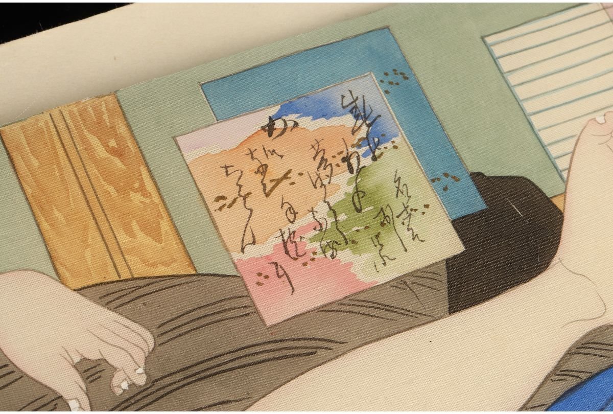 URA]絹本肉筆春画絵巻/全12画/4-7-195(検)骨董/浮世絵/枕絵/秘画/絵画